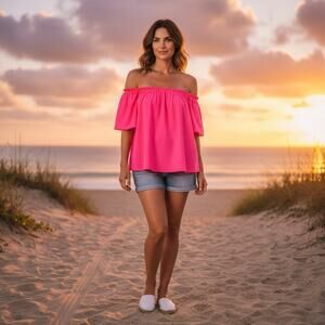 Jude Connally Off Shoulder Top Pink Neon Stretch Blouse Size S NWOT